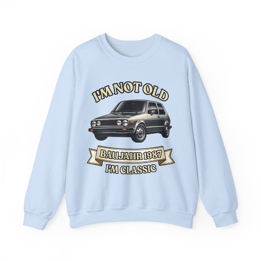 Geschenk zum 40. Geburtstag – Pullover Jahrgang 1987 VW Golf – Light Blue – Vorderseite