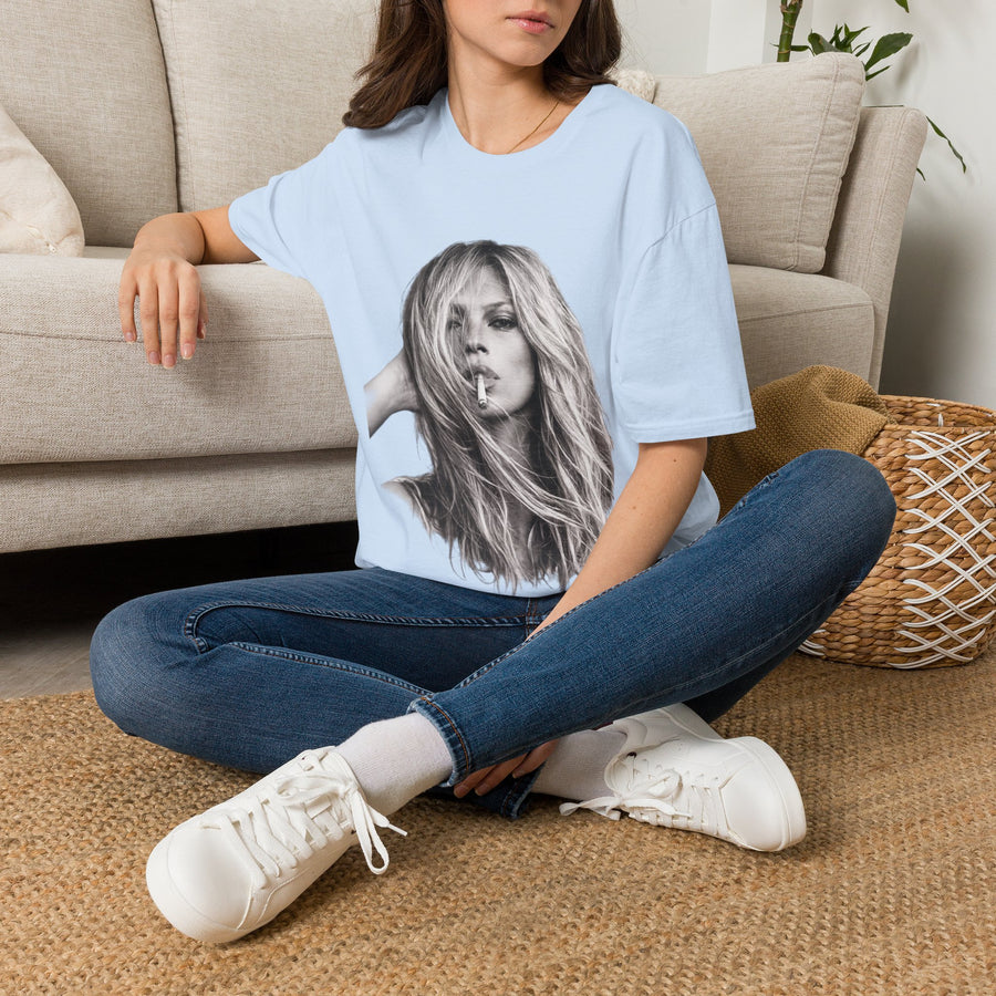 True Insights T-Shirt Kate Moss Porträt in Hellblau, stylisches Schwarz-Weiß Print Fashion Shirt Unisex