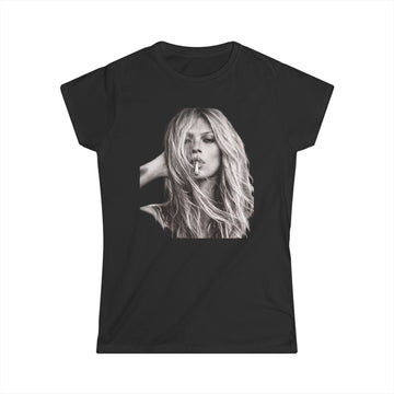 Kate Moss Damen Shirt – Ikonisches Schwar-Weiß Porträt Print, Fashion Statement T-Shirt für Trendsetter & Musikfans