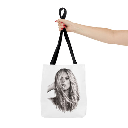 Kate Moss Tote Bag – Schwarz-Weiß Portrait Fashion Icon Stofftasche | Kultiges Model Motiv für Fans & Fashionistas