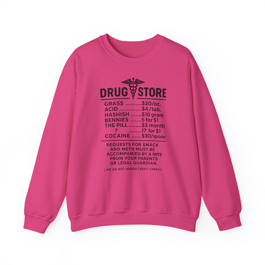 Vintage Pullover „Drug Store“ – Sweatshirt, die Preisliste der etwas anderen Apotheke – Heliconia – Vorderseite