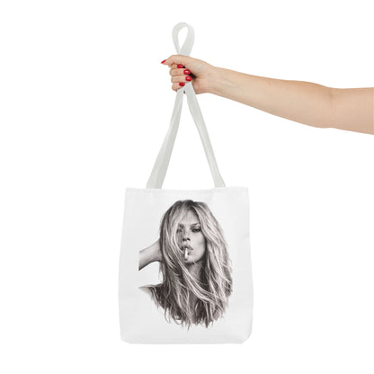 Kate Moss Tote Bag – Schwarz-Weiß Portrait Fashion Icon Stofftasche | Kultiges Model Motiv für Fans & Fashionistas