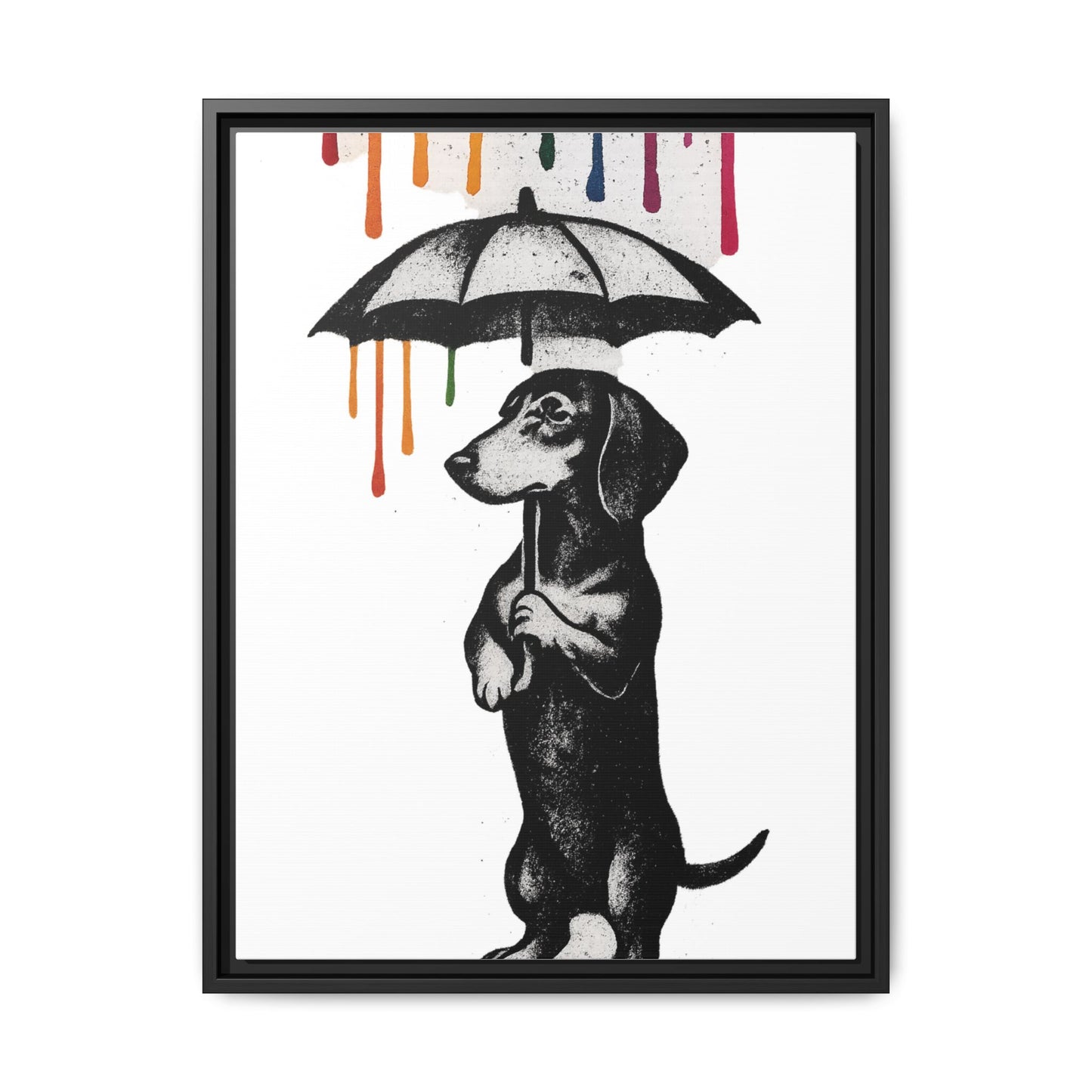 Dackel im Farbenregen – Street-Art Canvas mit Regenschirm & Farbtropfen
