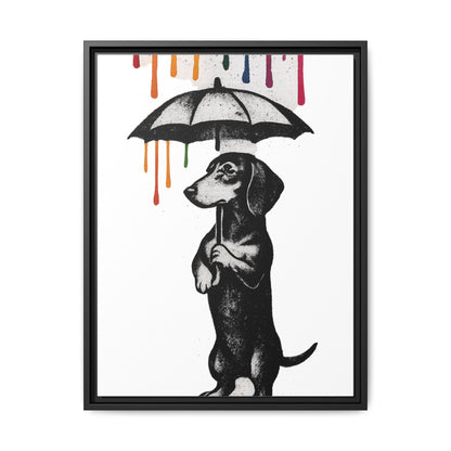 Dackel im Farbenregen – Street-Art Canvas mit Regenschirm & Farbtropfen