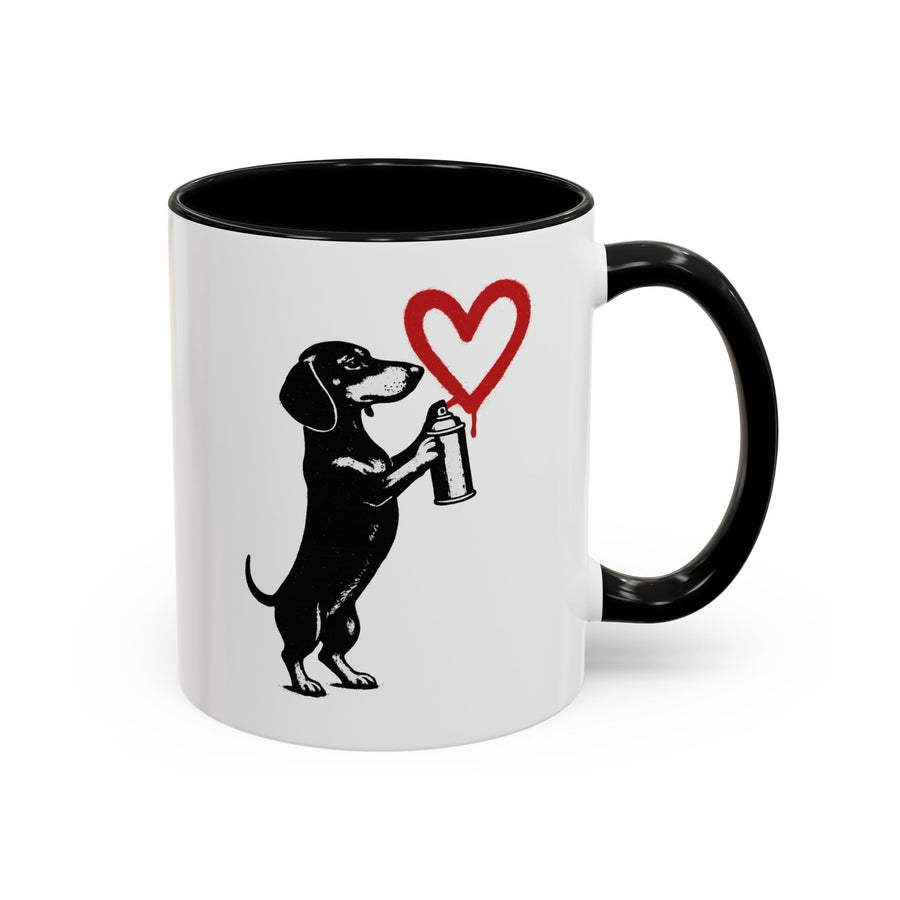 True Insights Banksy Dackel Tasse – Street-Art Kaffeebecher mit rotem Herz in Black