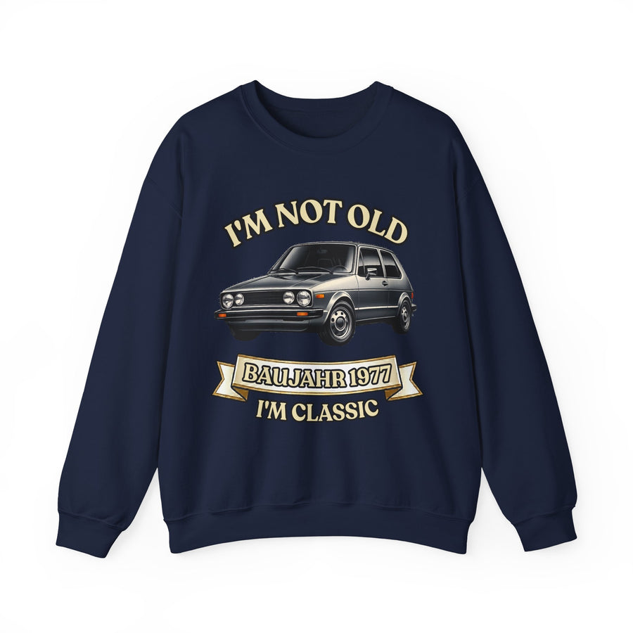 Geschenk zum 50. Geburtstag – Pullover Jahrgang 1977 VW Golf – Navy – Vorderseite