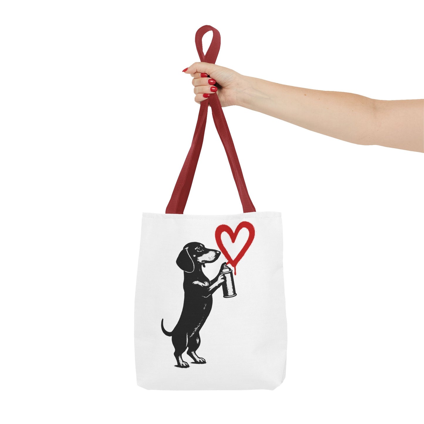 Banksy inspirierter Dackel Tote Bag Polyester – Street-Art Herz Sprühdose Beutel für Sport, Uni & Einkauf