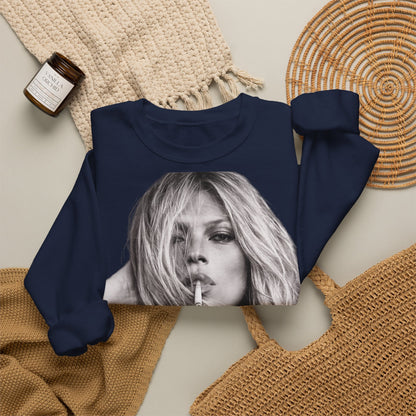 Kate Moss Sweatshirt – Schwarz-Weiß Portrait Kult-Pullover für Fashion & Vintage Fans, ikonisches Model Motiv