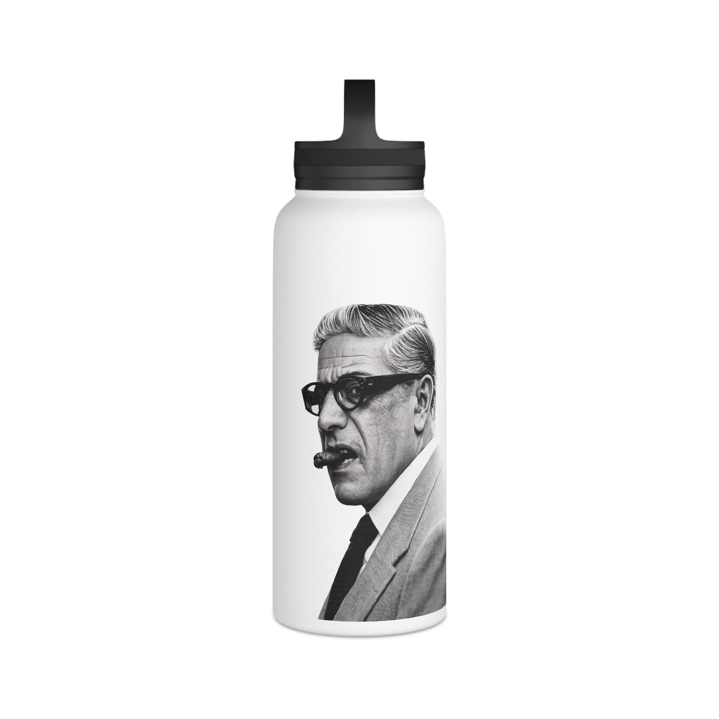 Aristoteles Onassis Portrait Edelstahl-Trinkflasche – Isolierte Wasserflasche mit Griff-Deckel, Vintage Schwarz-Weiß Ikone Geschenk