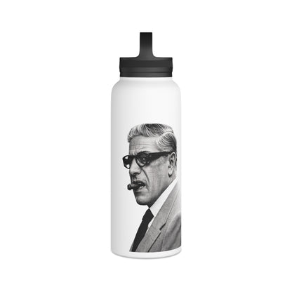 Aristoteles Onassis Portrait Edelstahl-Trinkflasche – Isolierte Wasserflasche mit Griff-Deckel, Vintage Schwarz-Weiß Ikone Geschenk