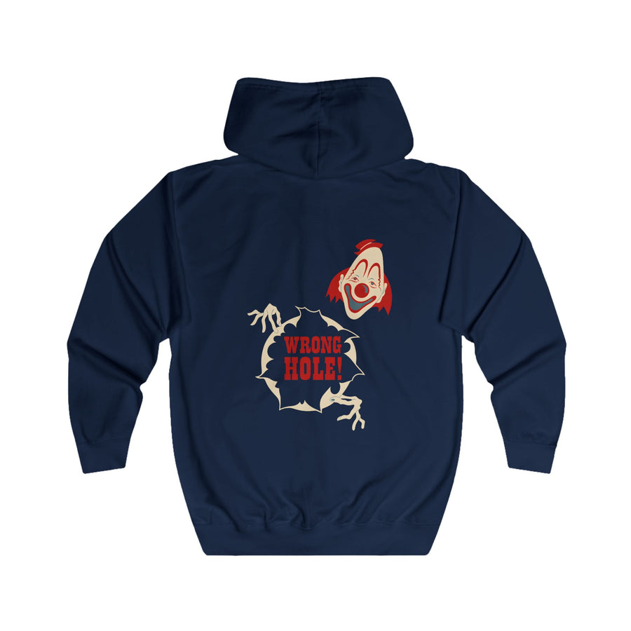 True Insights Wrong Hole! Zip-Hoodie – Provokantes Clown-Motiv mit schwarzem Humor