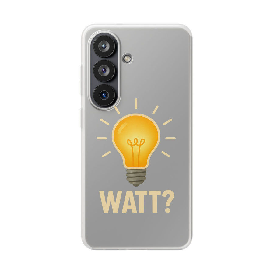 WATT? Handyhülle für Samsung Galaxy S26 – transparente Schutzhülle mit leuchtendem Glühbirnen-Motiv, Geschenk für Elektriker und Technikfans