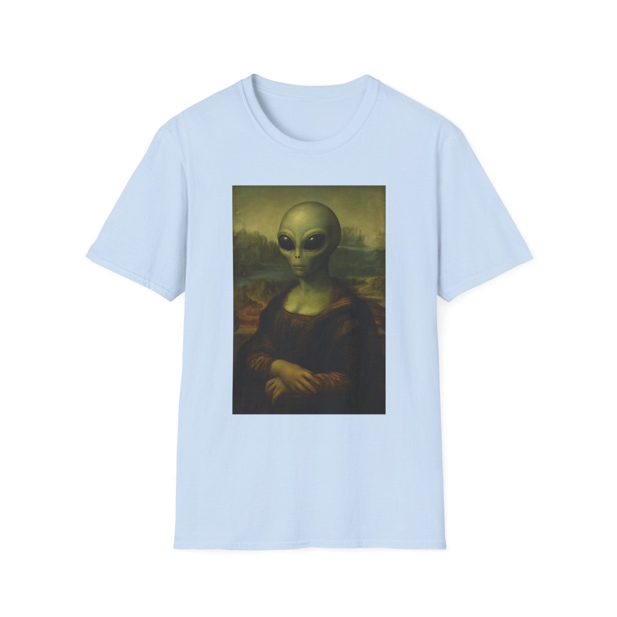 Hellblaues T-Shirt mit Mona-Lisa-Alien-Parodie im Renaissance-Pop-Art-Stil fuer Science-Fiction-Fans und Kunstliebhaber.