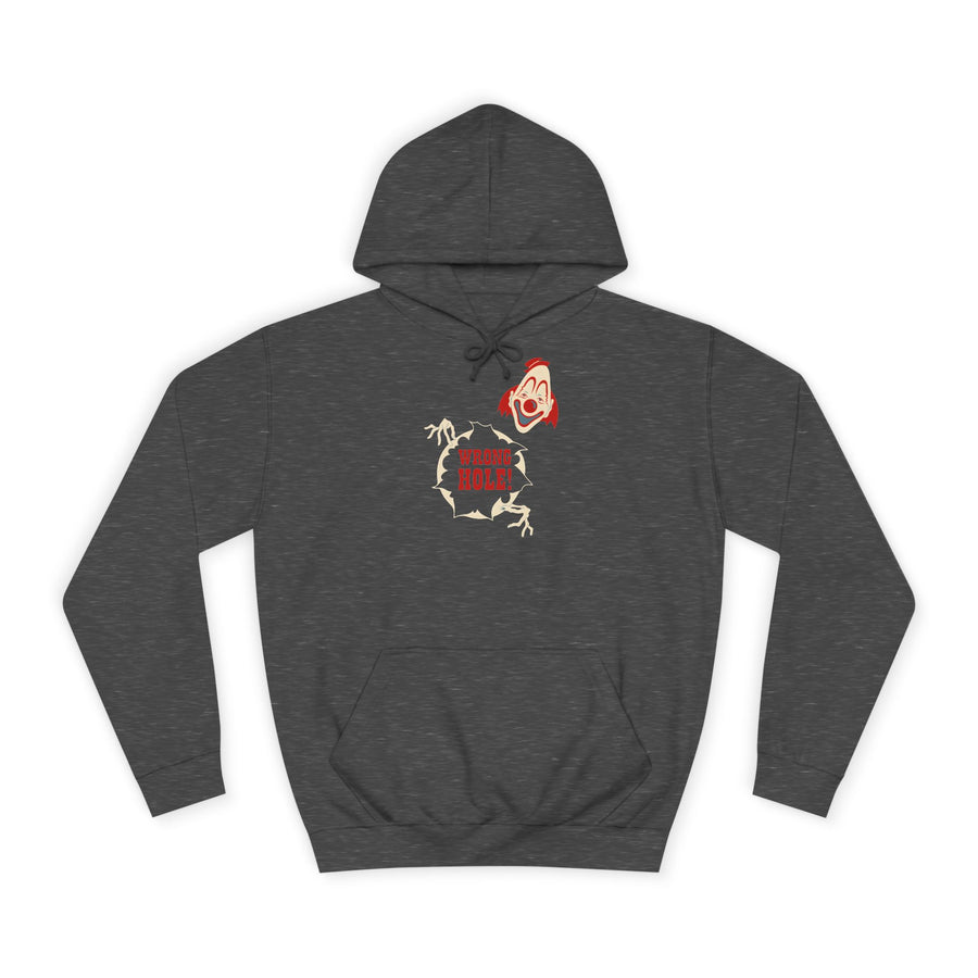 Hoodie „Wrong Hole!“ – Provokantes Clown-Motiv – Charcoal – Vorderseite