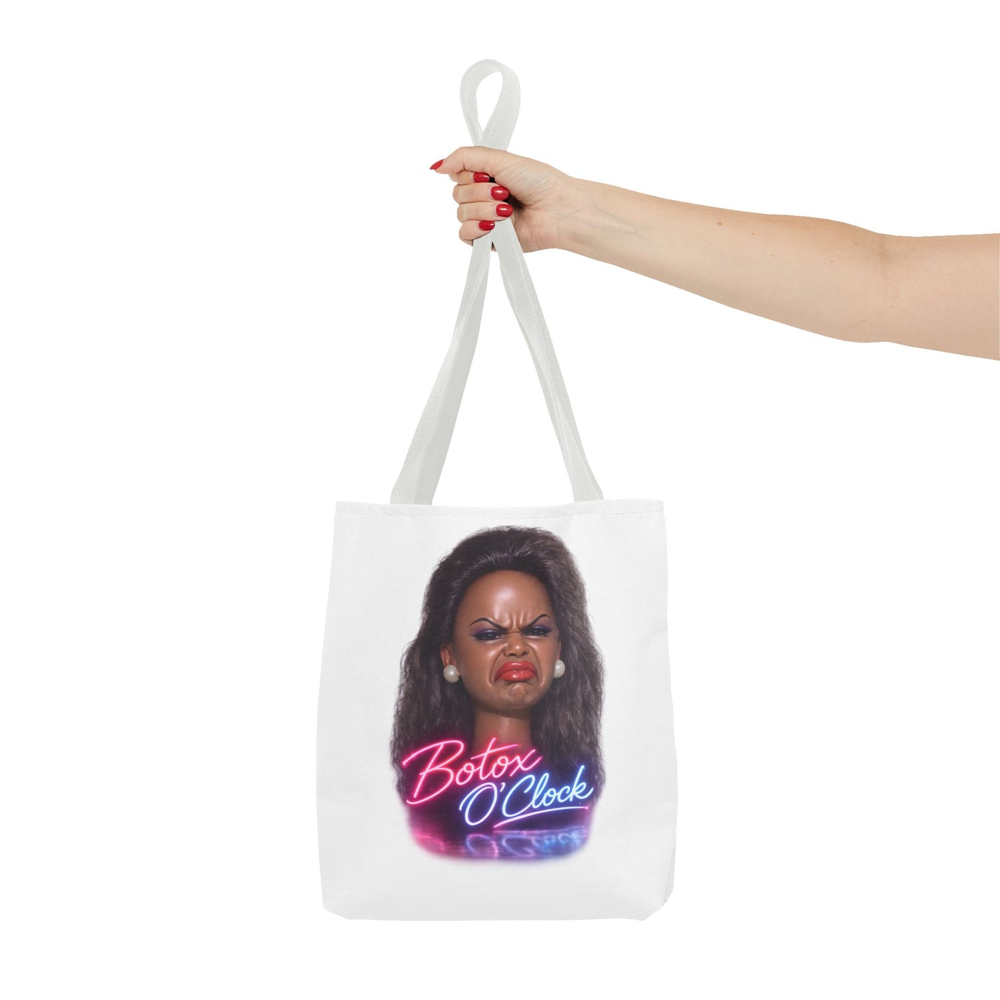 Botox O'Clock Tote Bag – Lustiger Polyester-Beutel mit Neon-Grimasse | Gym Sport Einkauf Geschenk
