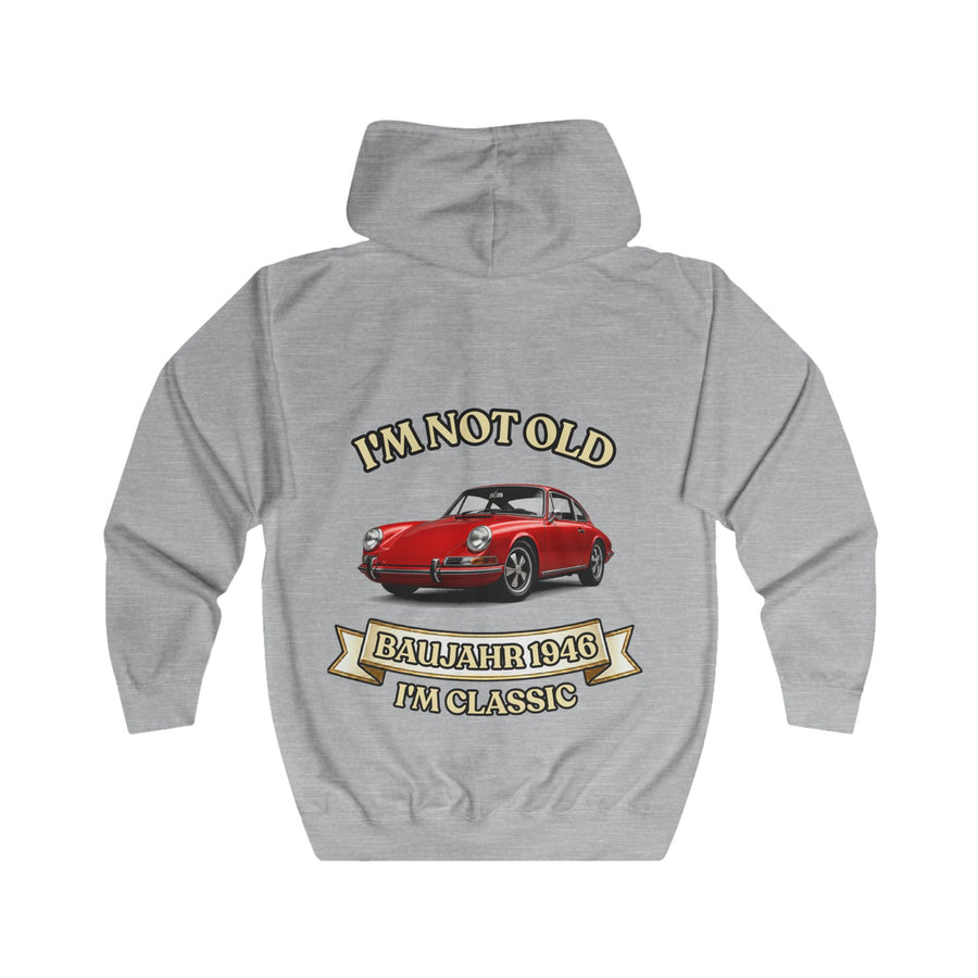 Geschenk zum 80. Geburtstag – Sweatjacke Jahrgang 1946 mit Porsche-Motiv – Heather Grey – Rückenansicht