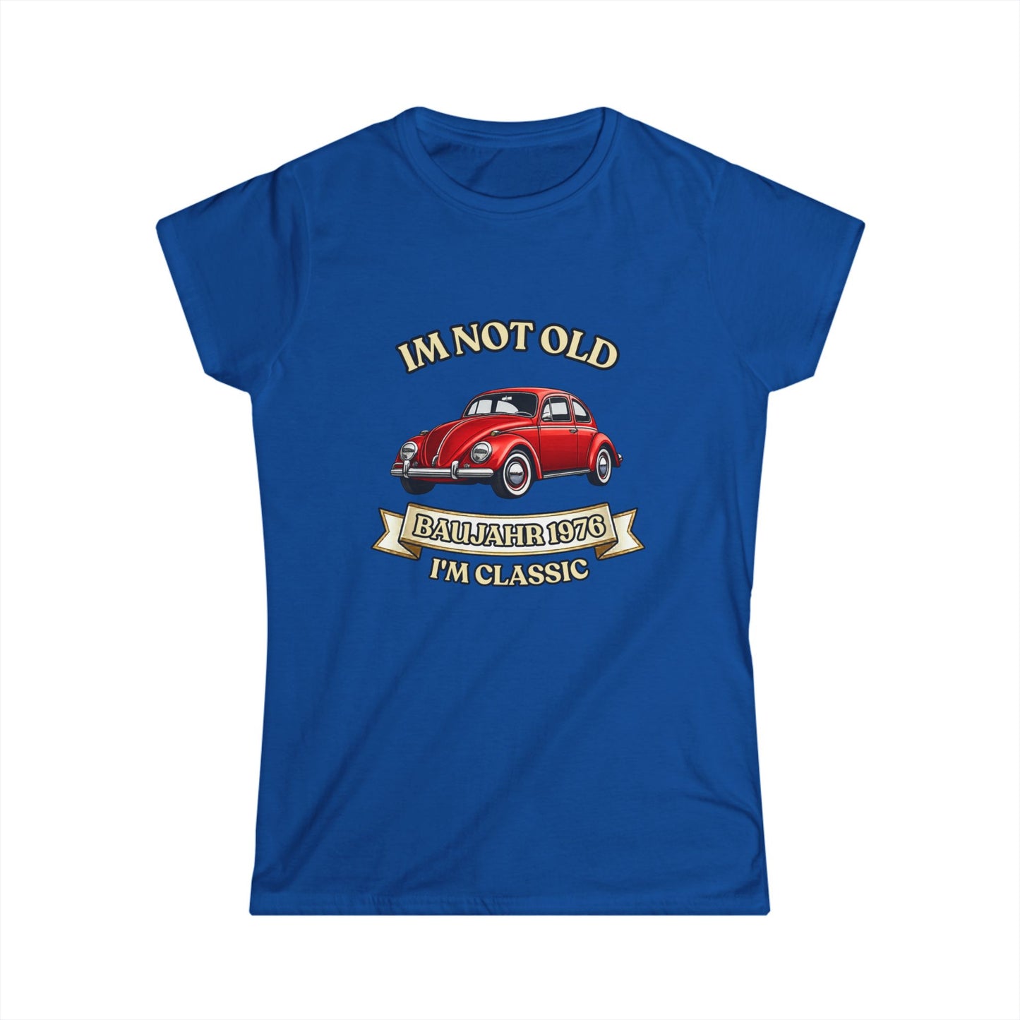 True Insights Damen Shirt Baujahr 1976 Vintage Auto Motiv in Royalblau, satirisches Geschenk zum 50. Geburtstag