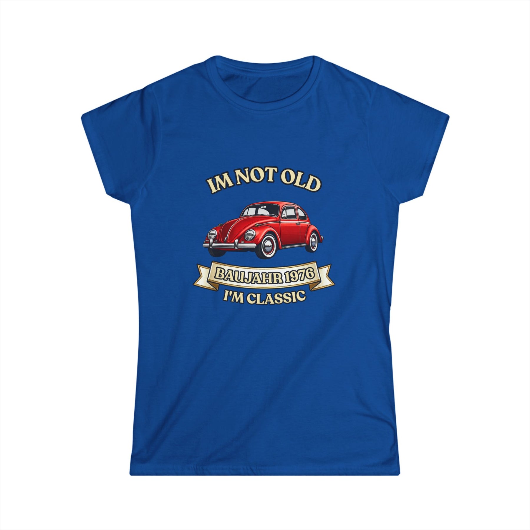 True Insights Damen Shirt Baujahr 1976 Vintage Auto Motiv in Royalblau, satirisches Geschenk zum 50. Geburtstag