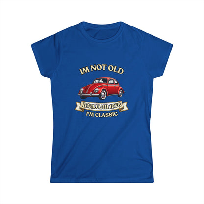 True Insights Damen Shirt Baujahr 1976 Vintage Auto Motiv in Royalblau, satirisches Geschenk zum 50. Geburtstag