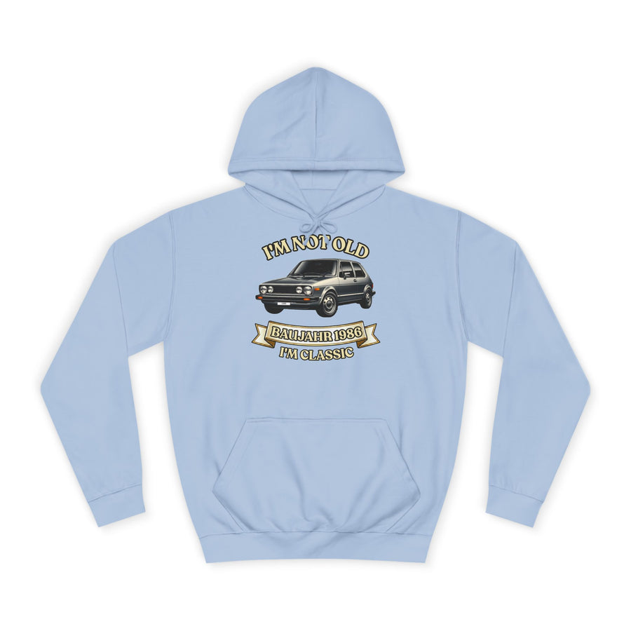 Geschenk zum 40. Geburtstag – Hoodie Jahrgang 1986 VW Golf – Sky Blue – Vorderseite