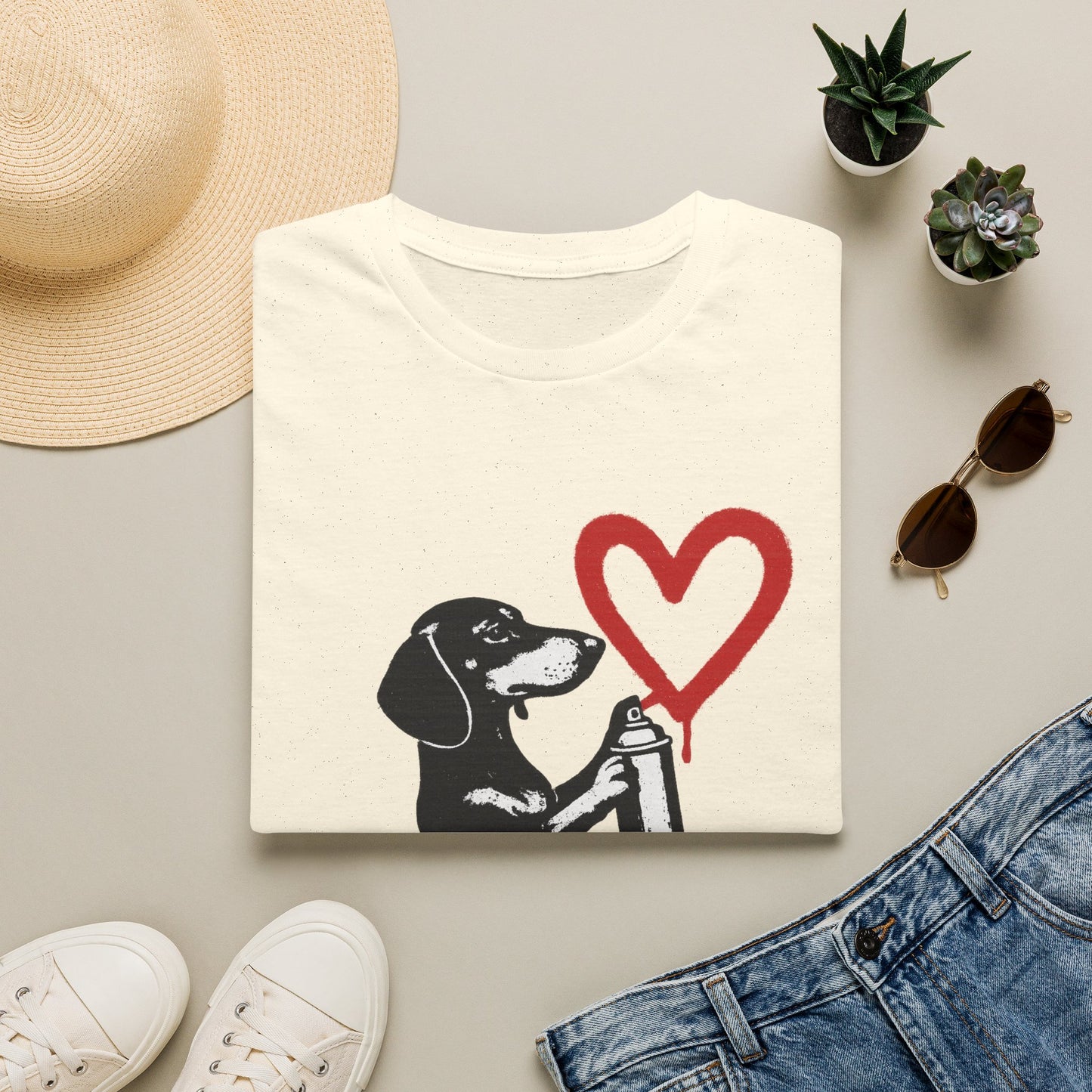 Dackel mit Sprühdose Herz T-Shirt Unisex – Street Art Graffiti Hund Motiv, perfektes Geschenk für Dackelliebhaber & Valentinstag