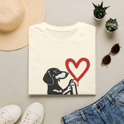 Dackel mit Sprühdose Herz T-Shirt Unisex – Street Art Graffiti Hund Motiv, perfektes Geschenk für Dackelliebhaber & Valentinstag