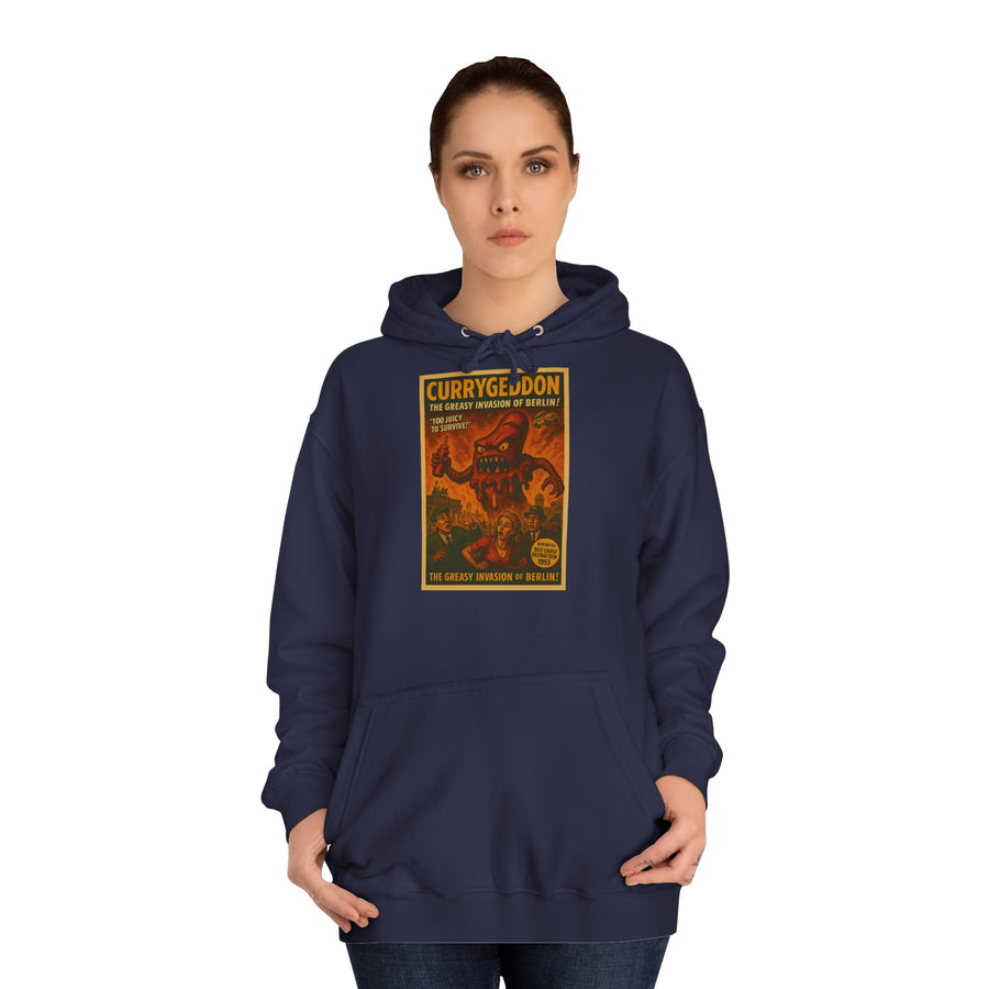 CurryGeddon Hoodie – Affiche rétro-horreur avec monstre currywurst