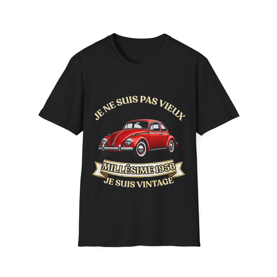 T-shirt Millésime 1956 « Je ne suis pas vieux, je suis vintage » – Cadeau anniversaire 70 ans homme – Coccinelle rouge, voiture ancienne rétro