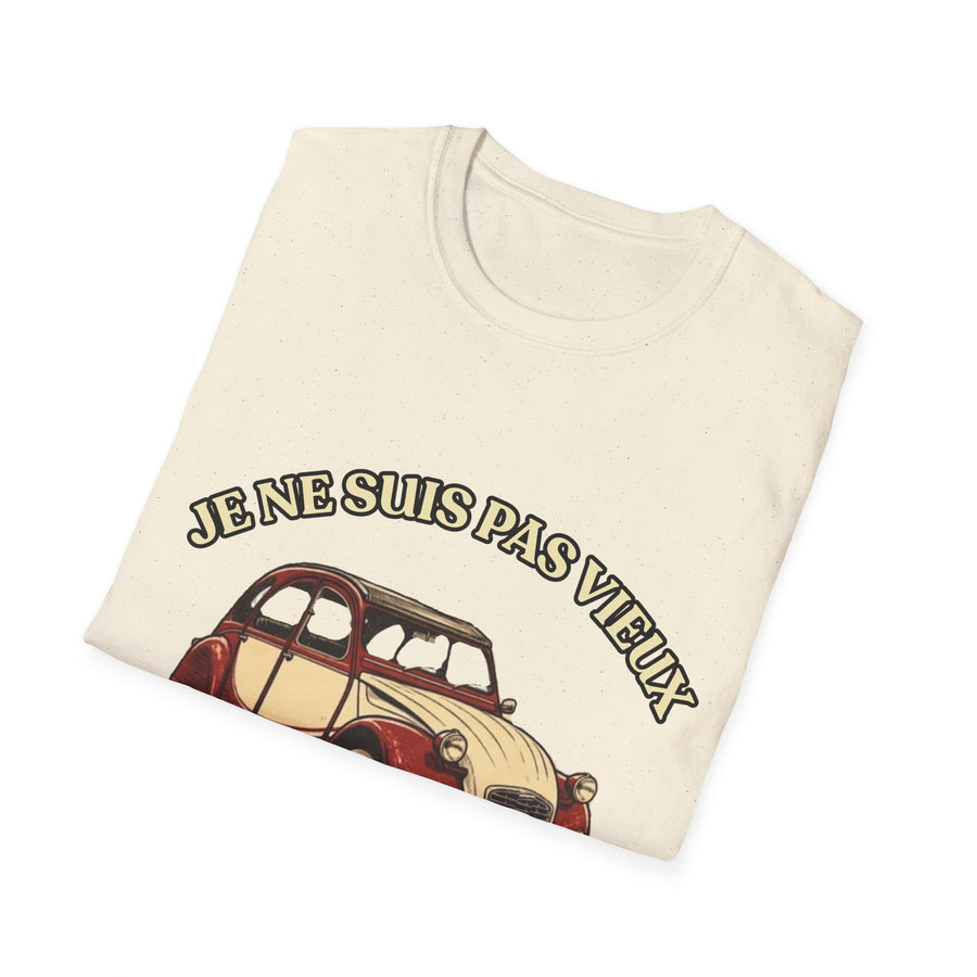 T-shirt Millésime 1956 « Je ne suis pas vieux, je suis vintage » – Cadeau anniversaire 70 ans homme – Deux-chevaux rouge et crème, voiture ancienne rétro