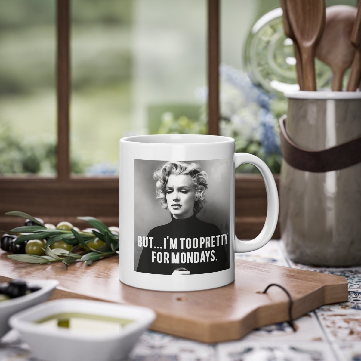 Too Pretty for Mondays – Satire mug with vintage photo print &amp; Monday statement