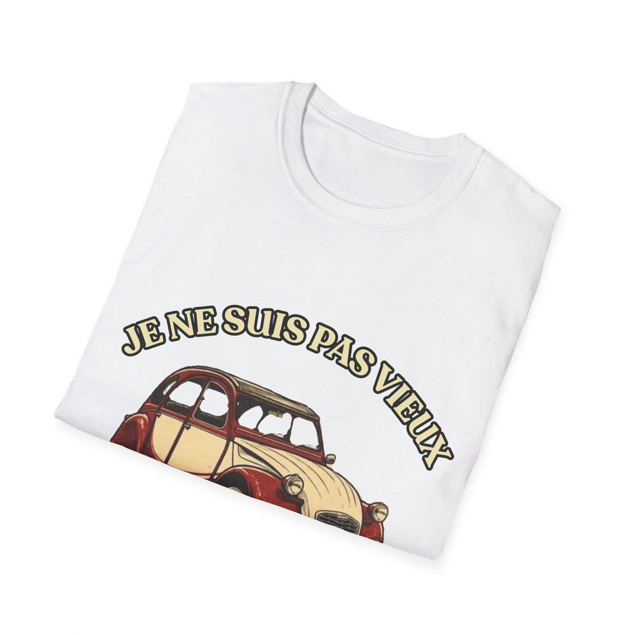 T-shirt Millésime 1986 « Je ne suis pas vieux, je suis vintage » – Cadeau anniversaire 40 ans homme – Deux-chevaux rouge et crème, voiture ancienne rétro