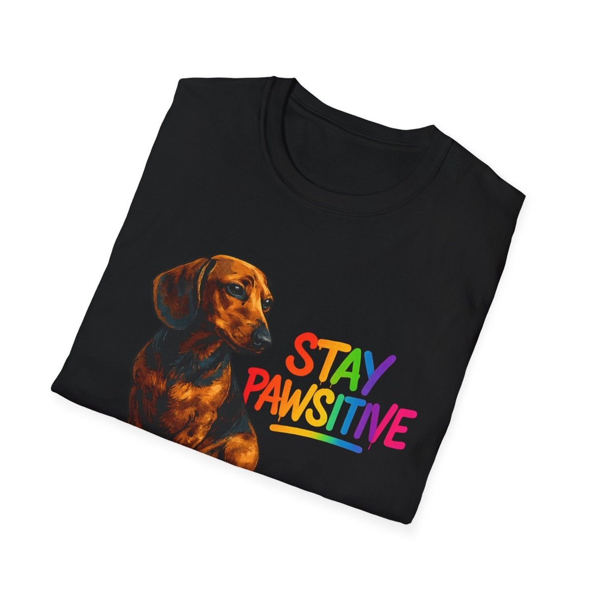 Schwarzes T-Shirt mit Dackel-Portrait und Schriftzug Stay-Pawsitive in Rainbow-Regenbogen-Farben im Pop-Art-Stil fuer Hundeliebhaber.