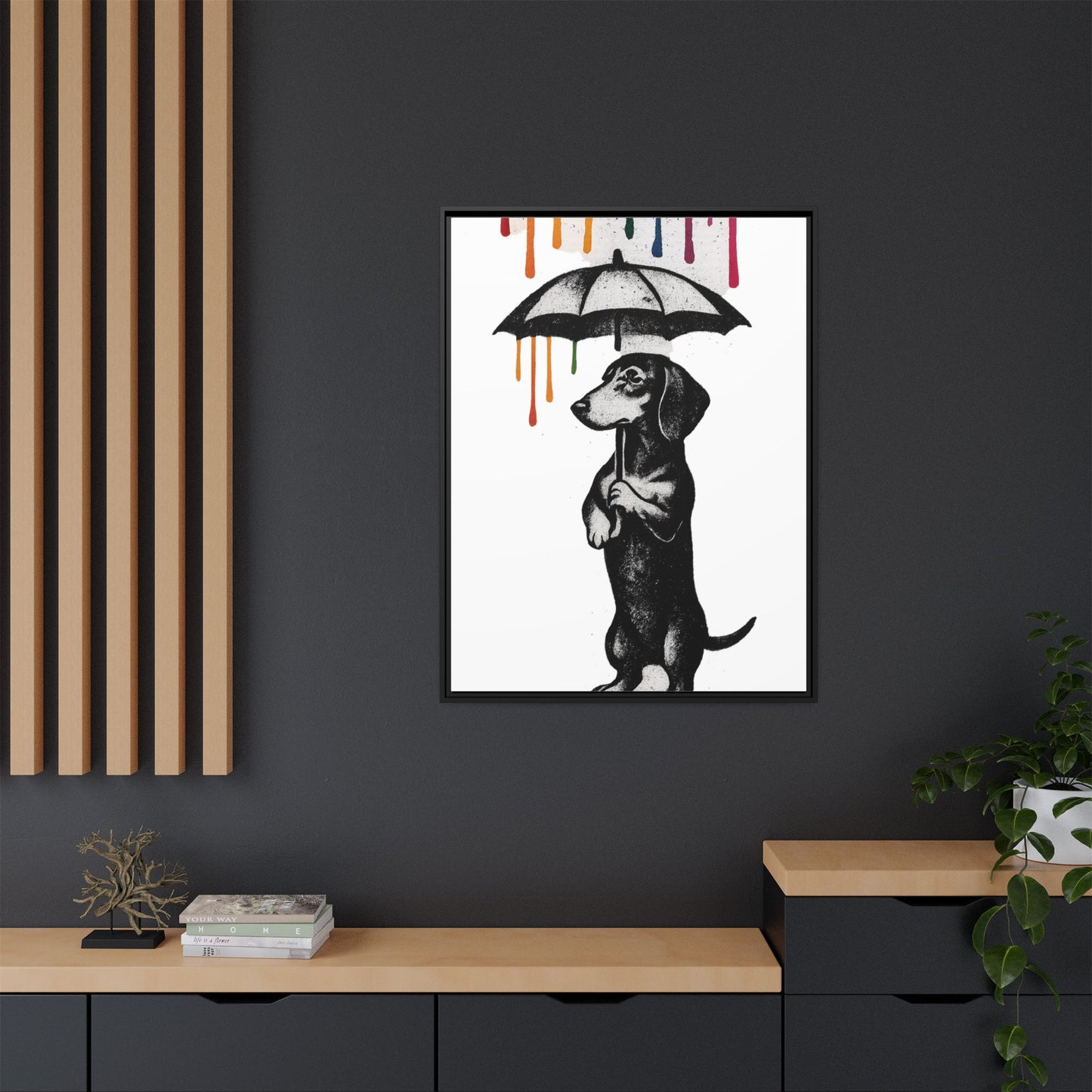 Dackel im Farbenregen – Street-Art Canvas mit Regenschirm & Farbtropfen