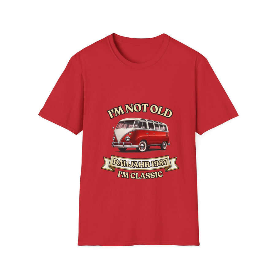 Geschenk zum 40. Geburtstag – T-Shirt Jahrgang 1987 VW Bulli – Red – Vorderseite