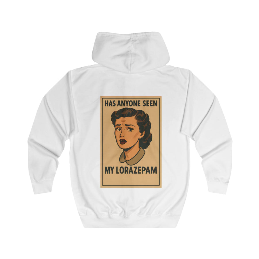 True Insights Has Anyone Seen My Lorazepam Zip-Hoodie – Retro-Pop-Art mit schwarzem Humor