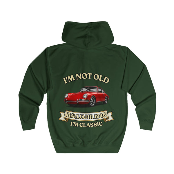 Geschenk zum 80. Geburtstag – Sweatjacke Jahrgang 1946 mit Porsche-Motiv – Bottle Green – Rückenansicht
