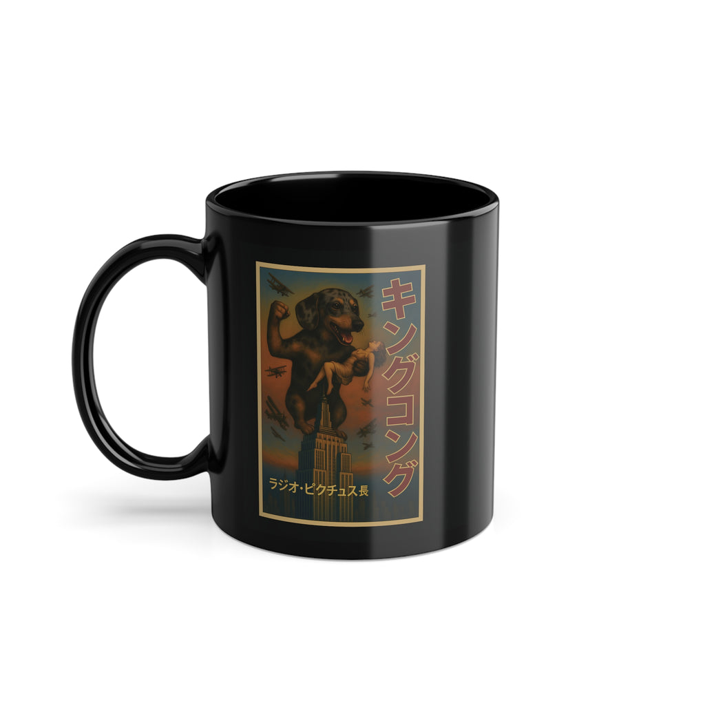 Tasse – Dackel Kong | Lustiger Kaffeebecher mit King Kong Parodie im Vintage-Stil