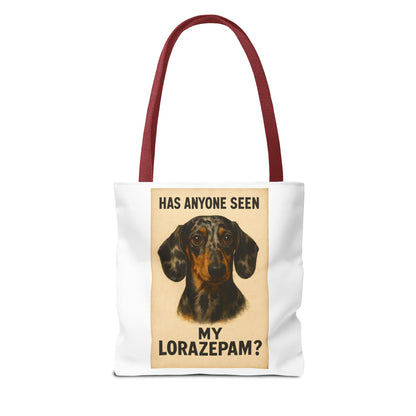 Lustige Dackel Tote Bag "Has Anyone Seen My Lorazepam?" – Vintage Hunde Stoffbeutel für Hundeliebhaber & Dackelfans