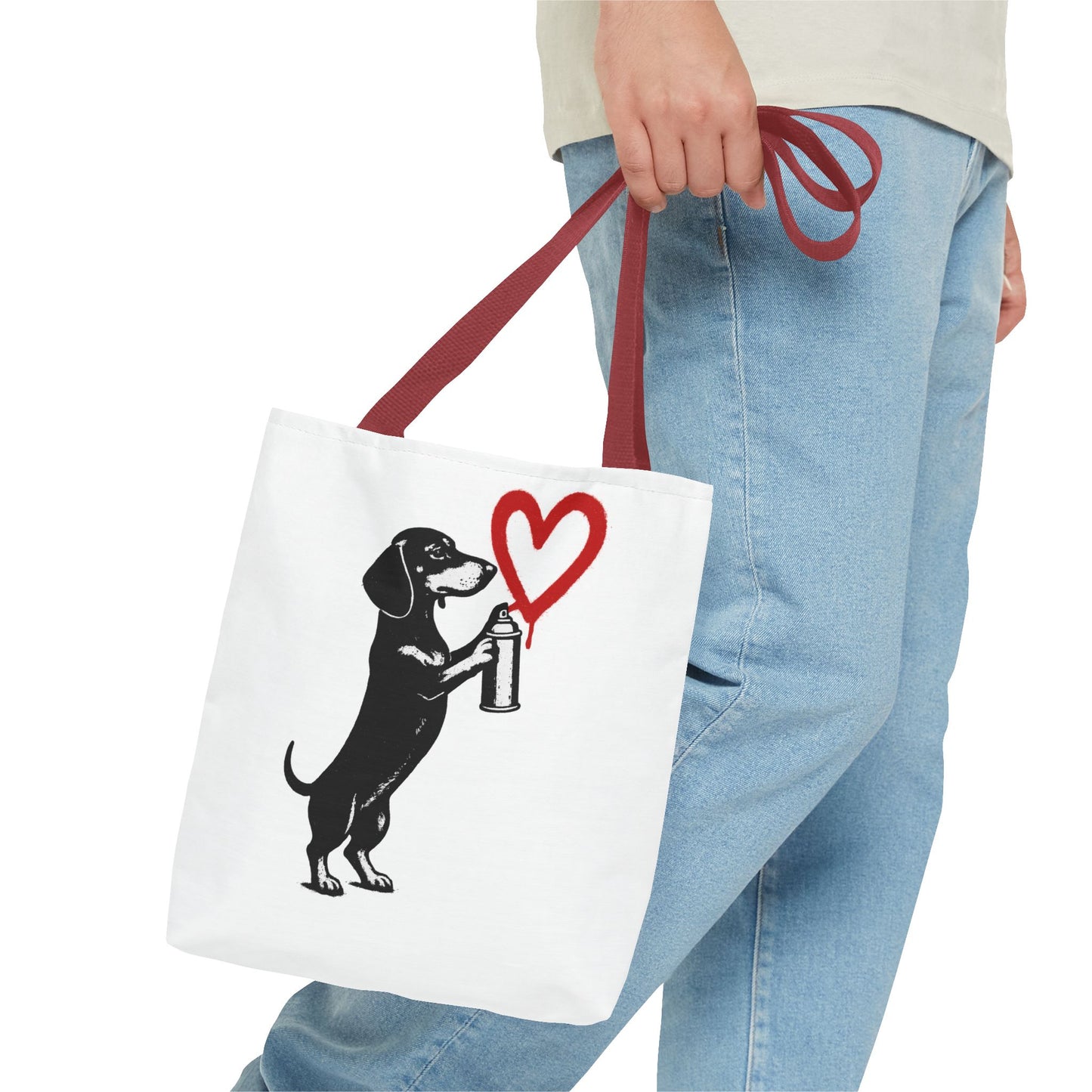 Banksy inspirierter Dackel Tote Bag Polyester – Street-Art Herz Sprühdose Beutel für Sport, Uni & Einkauf