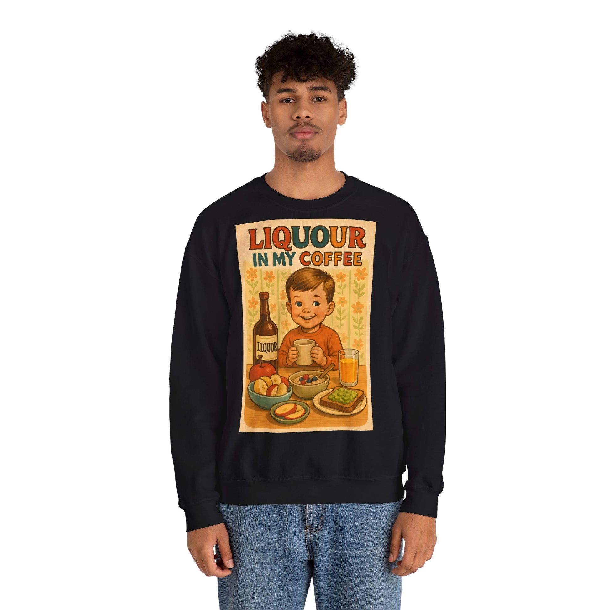 Sweatshirt – Liquor In My Coffee Sweatshirt | Retro Frühstücks-Pullover mit Satire-Motiv | Geschenk für Kaffee-Fans mit Humor | True Insights Design mit Humor