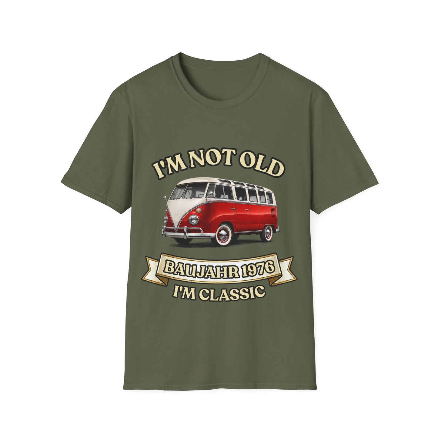 True Insights T-Shirt Baujahr 1976 Classic Bus Oldtimer Motiv in Militärgrün, Vintage Jahrgang Design