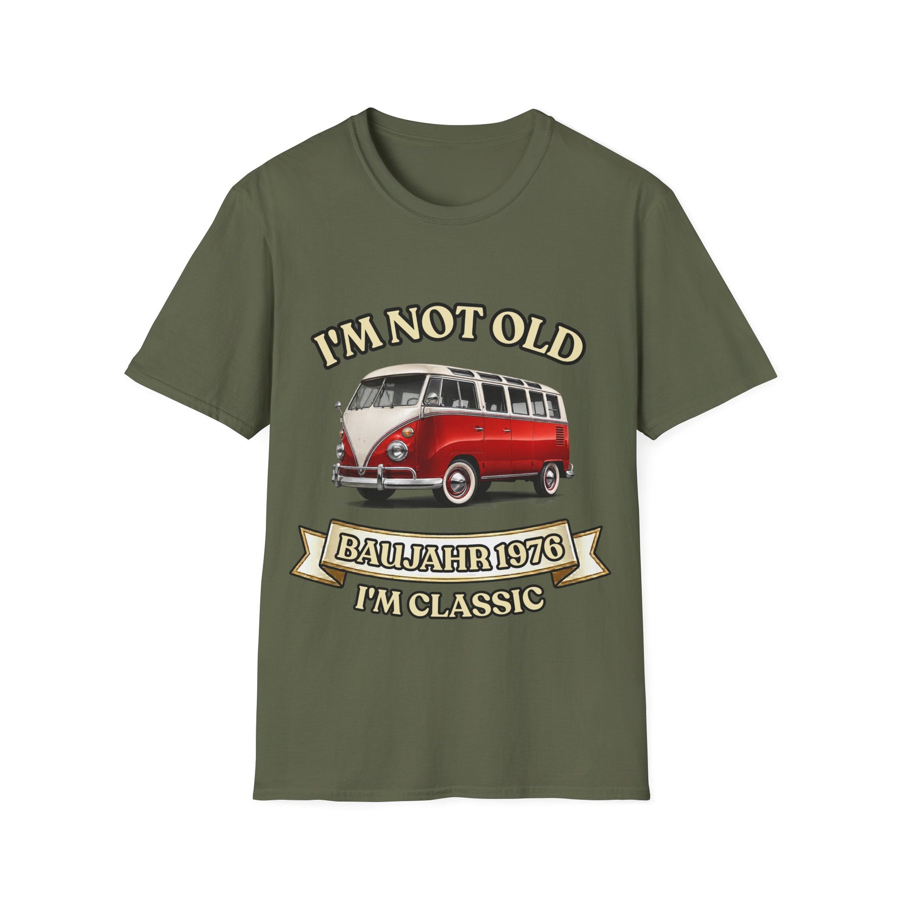 True Insights T-Shirt Baujahr 1976 Classic Bus Oldtimer Motiv in Militärgrün, Vintage Jahrgang Design