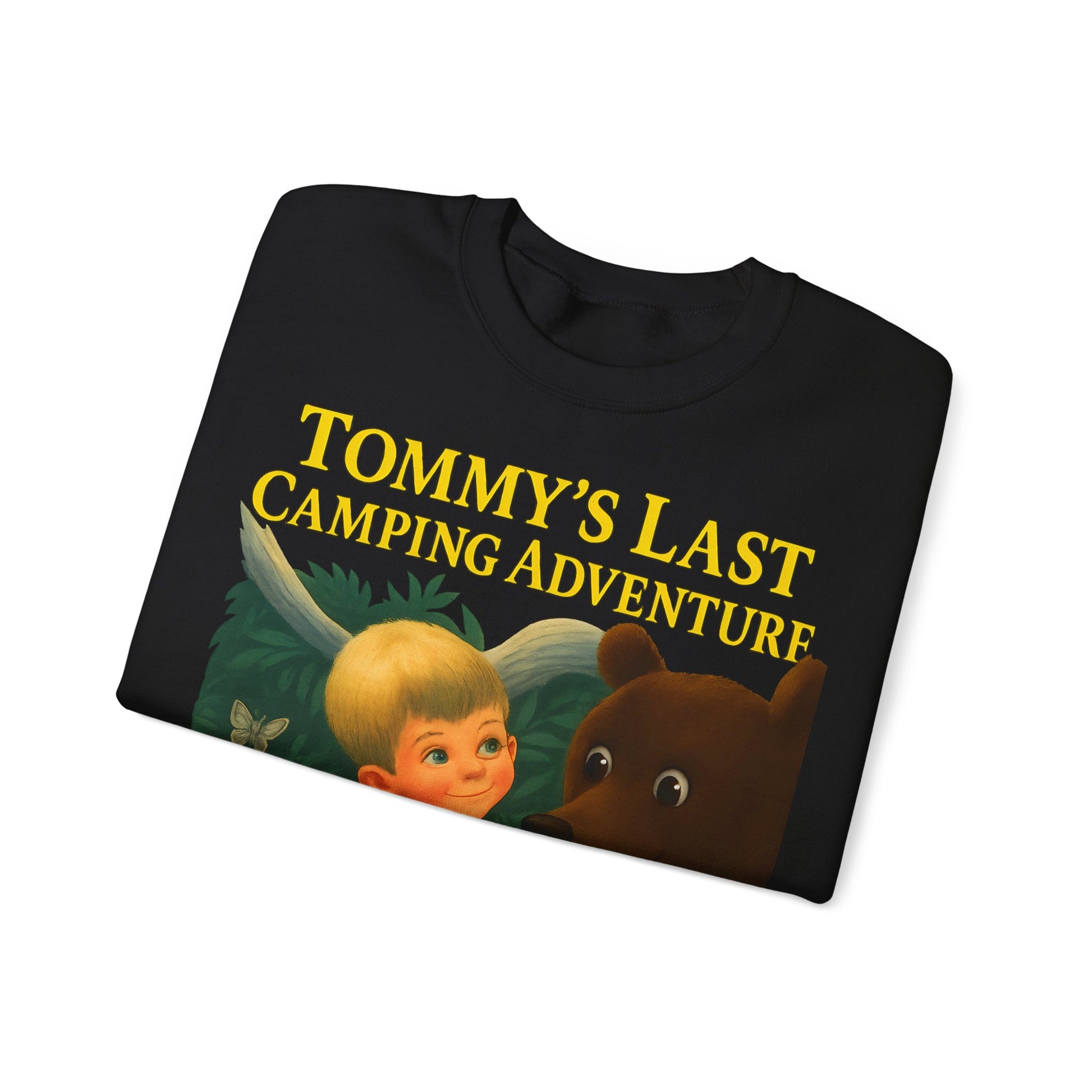 Sweatshirt – Tommy’s Last Camping Adventure Sweatshirt – Schwarzer Humor trifft Retro-Kinderbuchstil | True Insights Design mit Humor