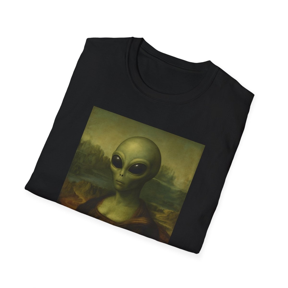 Schwarzes T-Shirt mit Mona-Lisa-Alien-Parodie im Renaissance-Pop-Art-Stil für Science-Fiction-Fans und Kunstliebhaber.