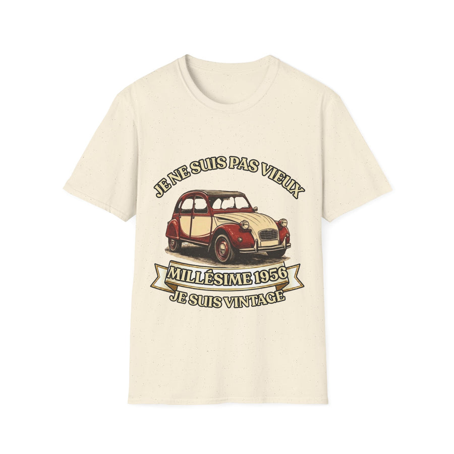 T-shirt Millésime 1956 « Je ne suis pas vieux, je suis vintage » – Cadeau anniversaire 70 ans homme – Deux-chevaux rouge et crème, voiture ancienne rétro