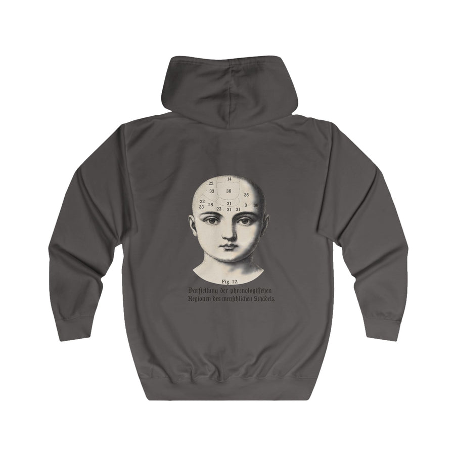 True Insights Phrenologie Zip-Hoodie – Vintage-Schädelillustration – Wissenschaft trifft Humor