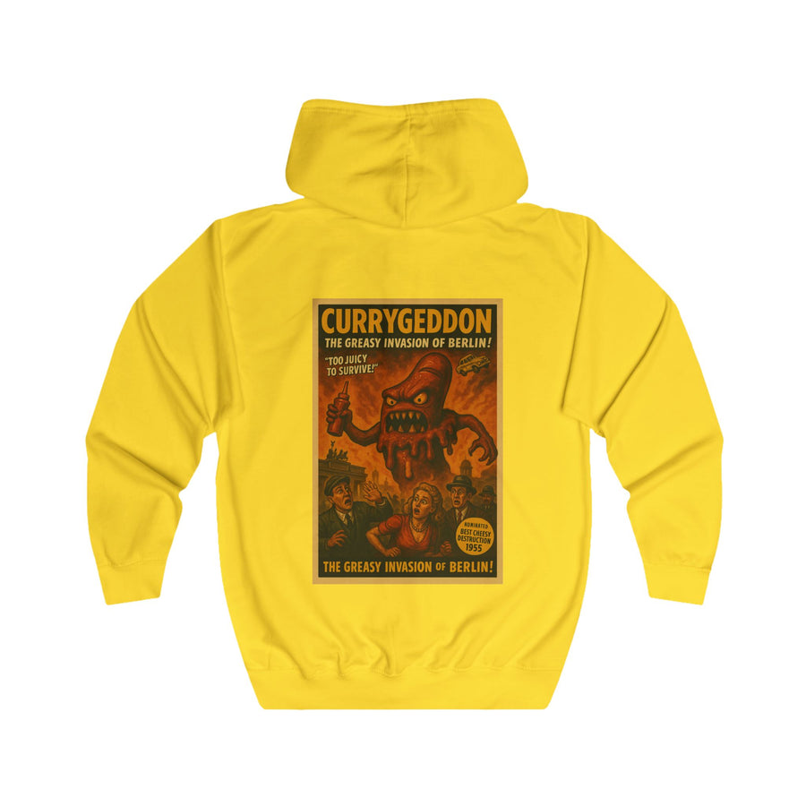 CurryGeddon Zip-Hoodie – Affiche de film d'horreur rétro avec monstre currywurst