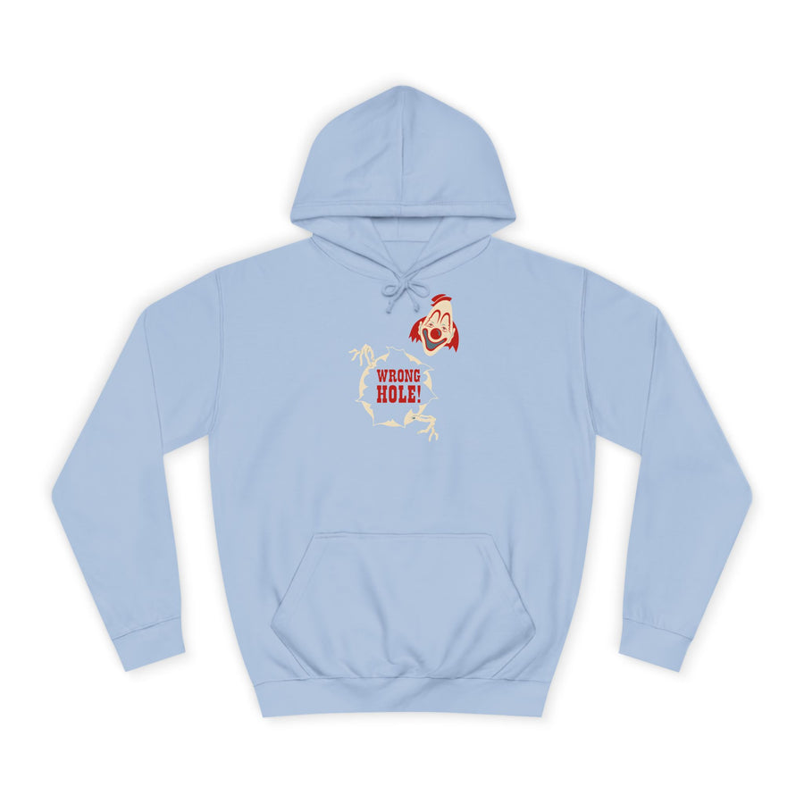 Hoodie „Wrong Hole!“ – Provokantes Clown-Motiv – Sky Blue – Vorderseite