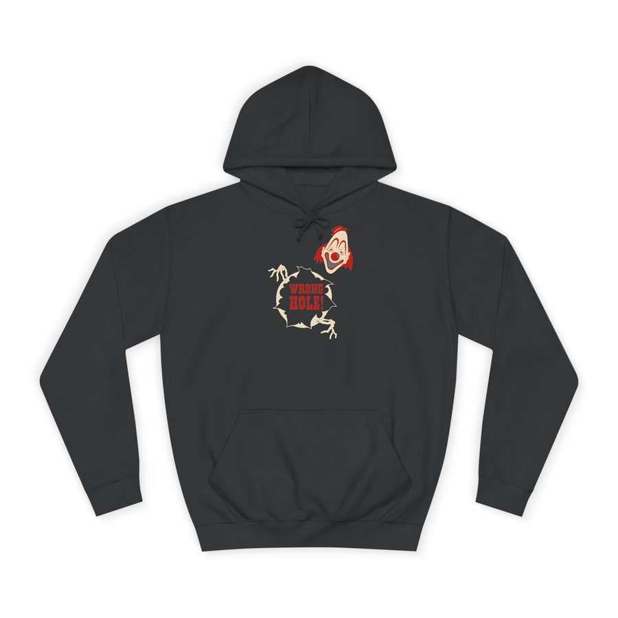 Hoodie „Wrong Hole!“ – Provokantes Clown-Motiv – Jet Black – Vorderseite