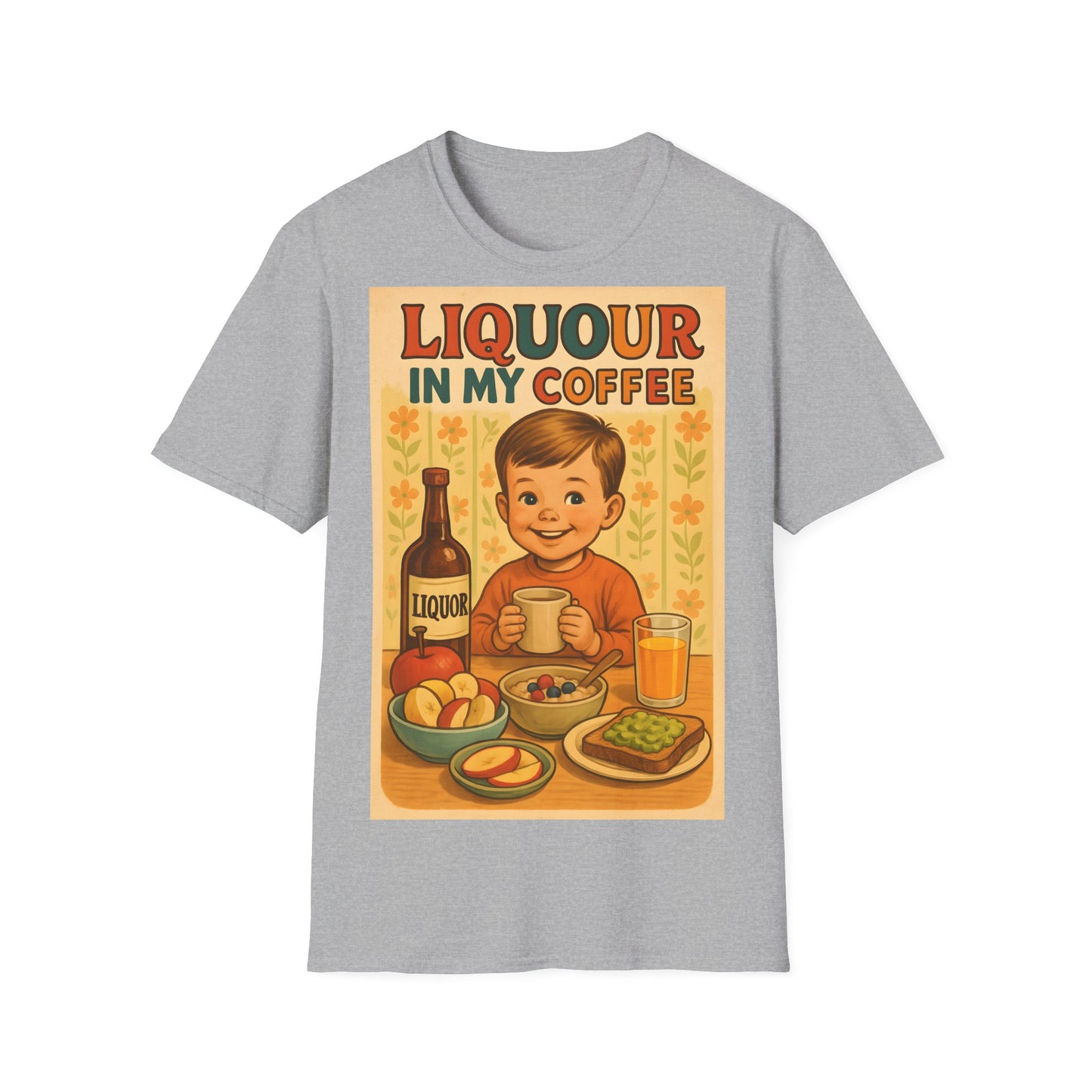 True Insights T-Shirt mit Spruch Liquor in my Coffee in Sport Grau, satirisches Retro Typografie Design